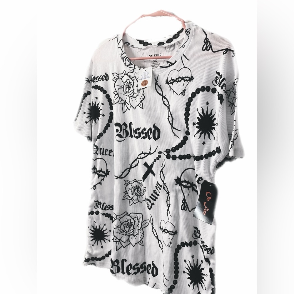 Plus Size 3x Woman’s White & Black Designed Streetwear Tee by On Fire Apparel